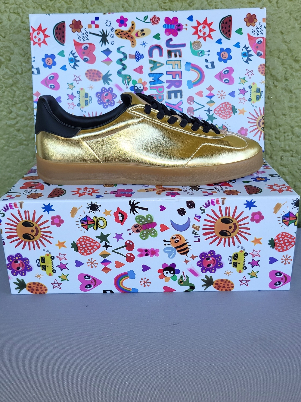 Jeffrey Campbell Women Gold Metallic Low-Top Sneaker with Black Trim